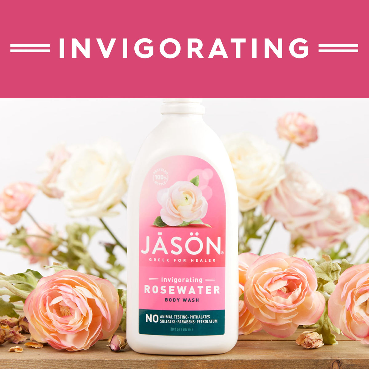 JASON bottle in shower setting illustrating everyday use and invigorating aromatic benefit