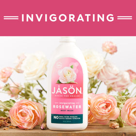 JASON bottle in shower setting illustrating everyday use and invigorating aromatic benefit