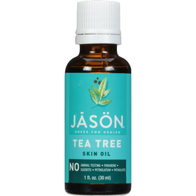 Jason front bottle of tea tree oil showing label and natural formulation benefit