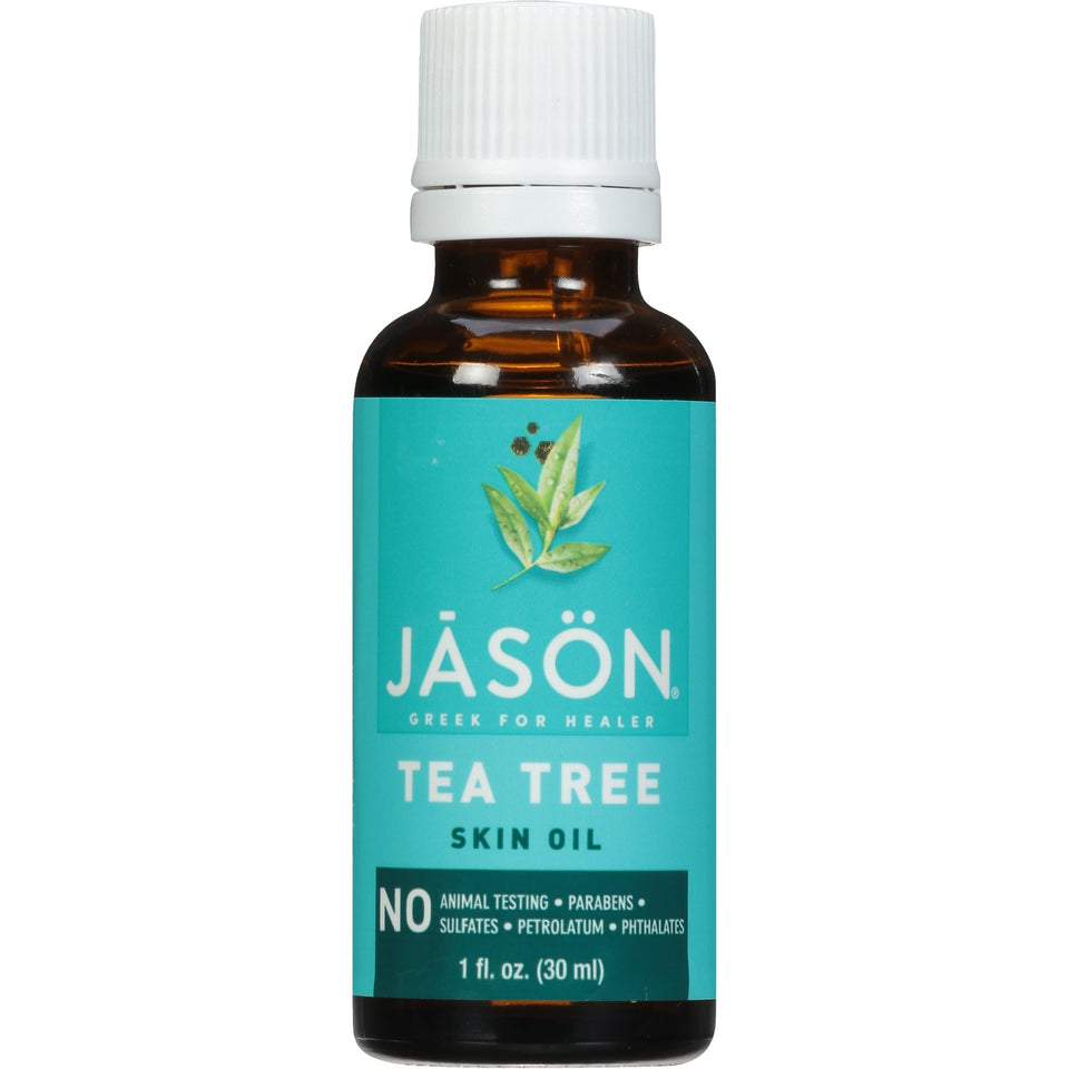 Jason front bottle of tea tree oil showing label and natural formulation benefit