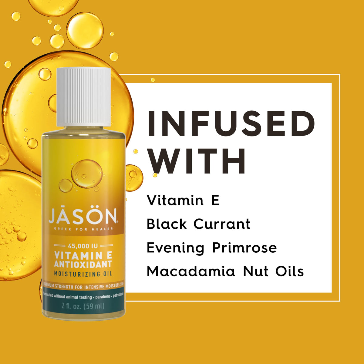 JASON ingredients label close-up highlighting botanical oil blend and certifications