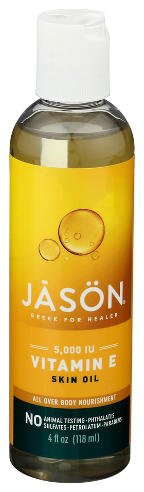 JASON front packaging of vitamin E 5,000 IU oil showing clear bottle and label, highlights purity