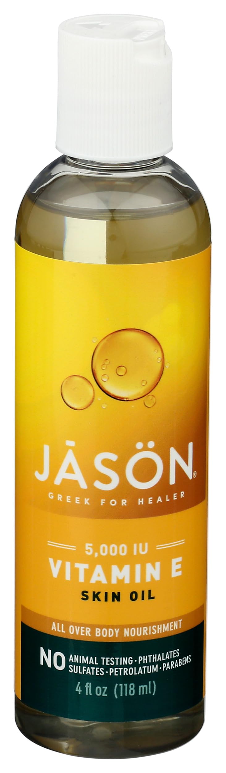 JASON front packaging of vitamin E 5,000 IU oil showing clear bottle and label, highlights purity
