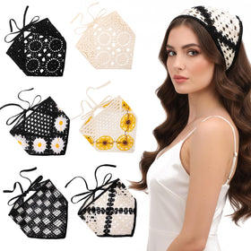 JATEBI front view of black crochet bandana set showing vintage daisy print and packaging benefit