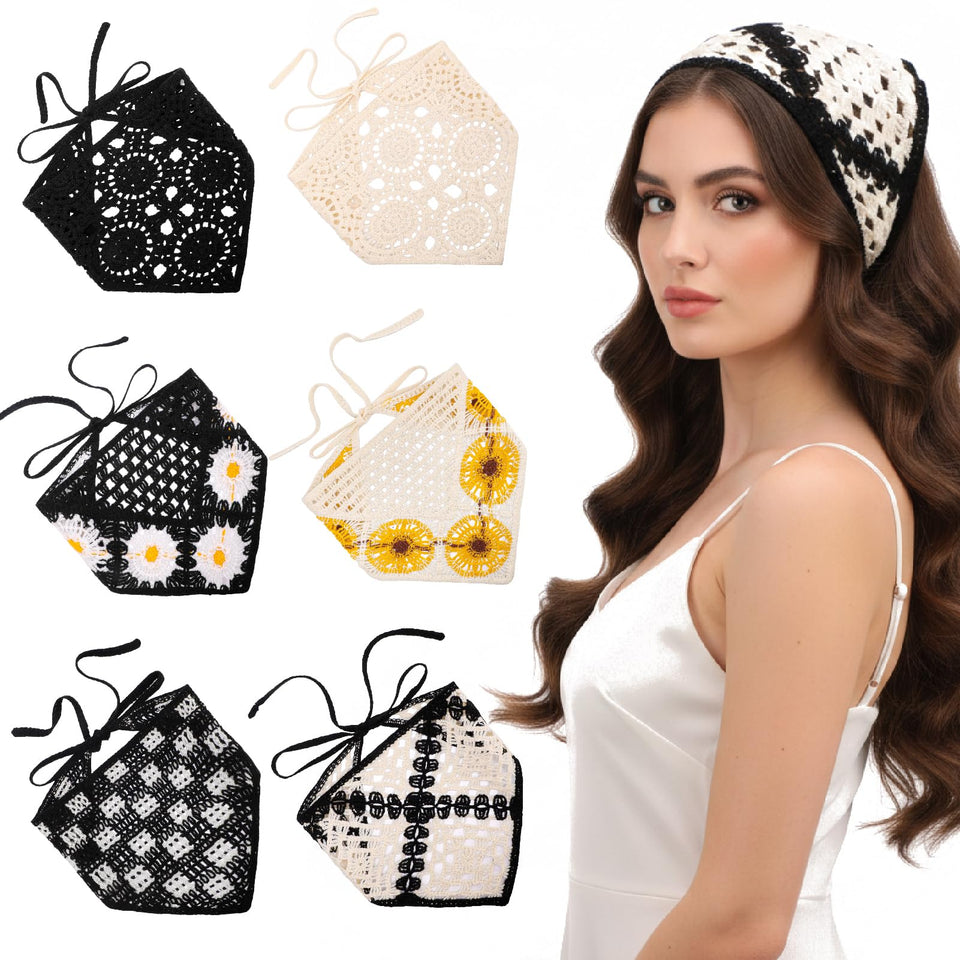 JATEBI front view of black crochet bandana set showing vintage daisy print and packaging benefit