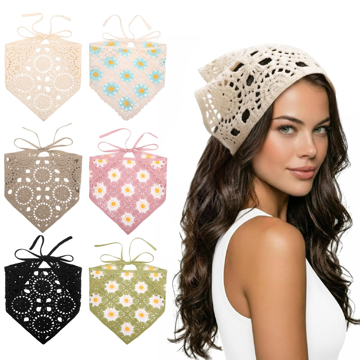 JATEBI front view of six crochet bandanas showing colors and packaging benefit styling variety