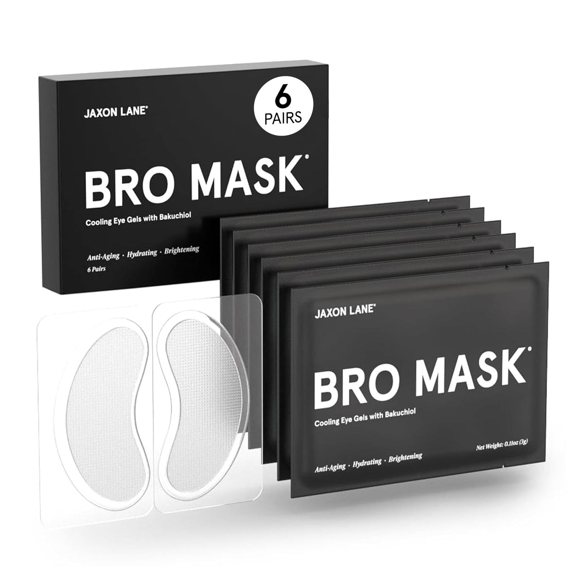 JAXON LANE front packaging showing six individually sealed under-eye pairs and benefits