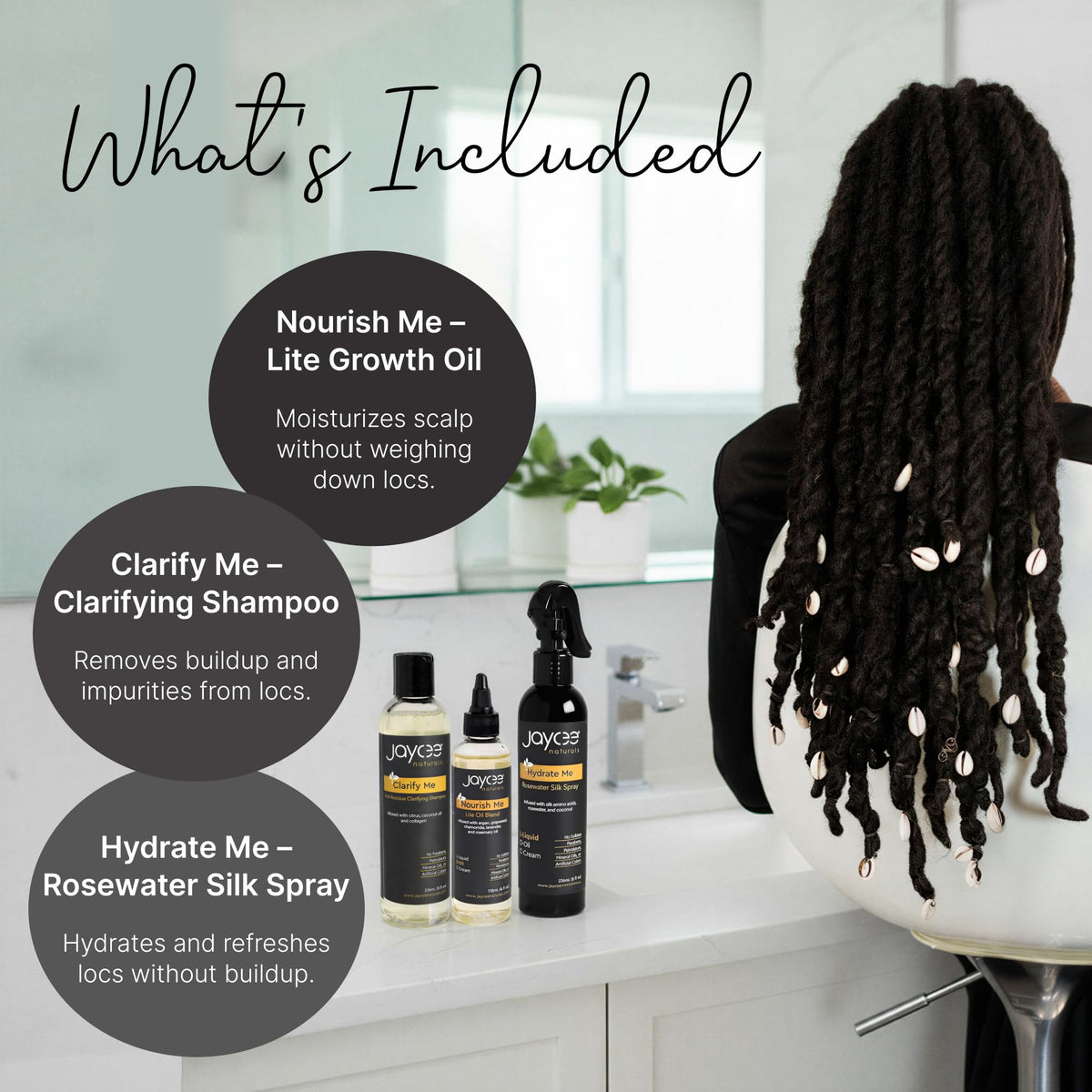 Jaycee Naturals shampoo pour demonstrating gentle clarifying action for clean scalp