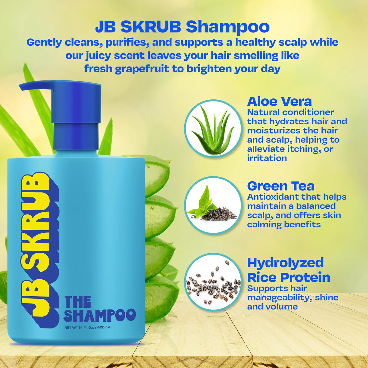 JB SKRUB bottle with recycled plastic icon emphasizing eco-conscious packaging