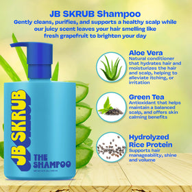 JB SKRUB bottle with recycled plastic icon emphasizing eco-conscious packaging