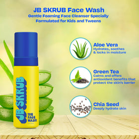 JB SKRUB label close-up displaying aloe vera and chia seed details for soothing support