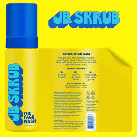 JB SKRUB foam dispensed from pump highlighting soft texture and quick lather benefit