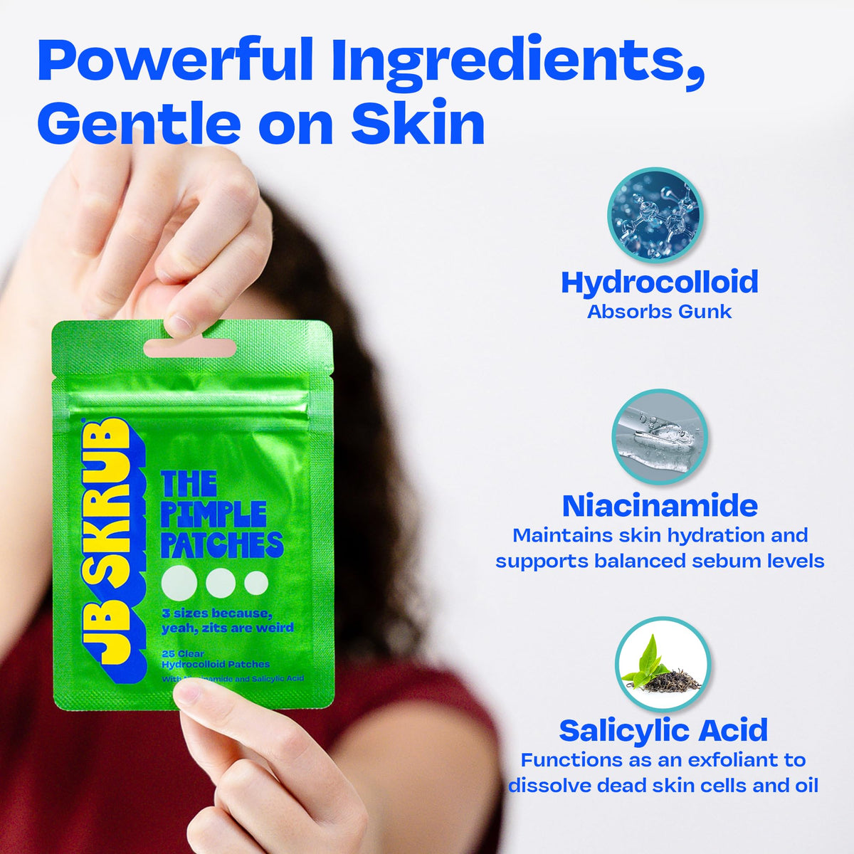 jb skrub patch applied on cheek hiding blemish while protecting skin