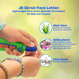 JB SKRUB product in hand scale shot, 1.7 oz size for school or travel convenience