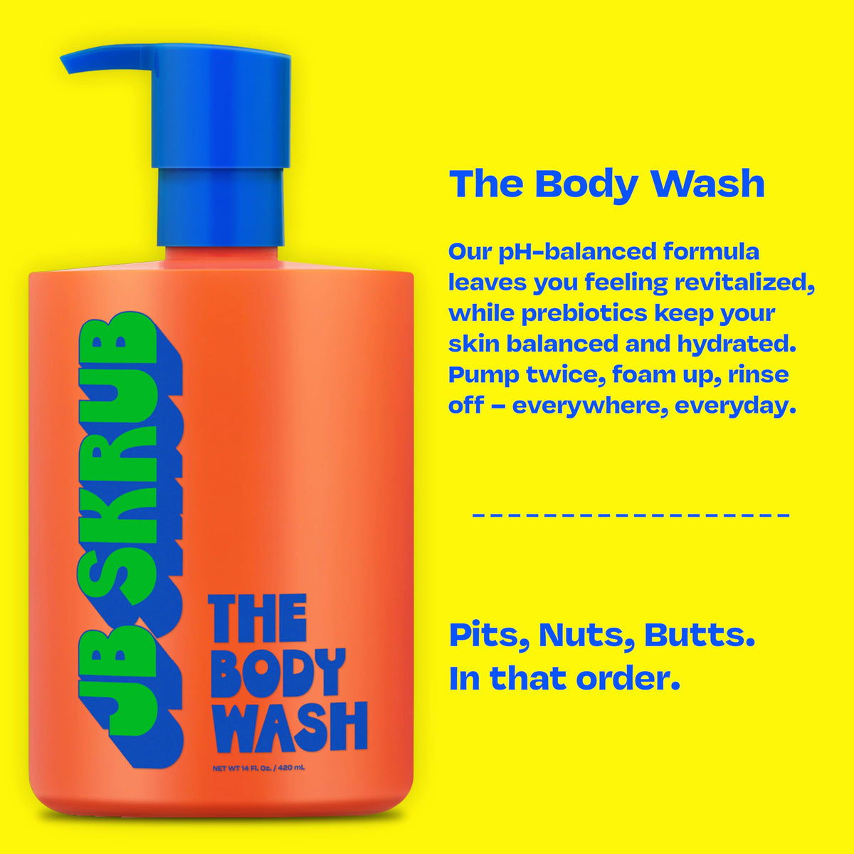 JB SKRUB pump closeup highlighting easy dispensing for fast shower use