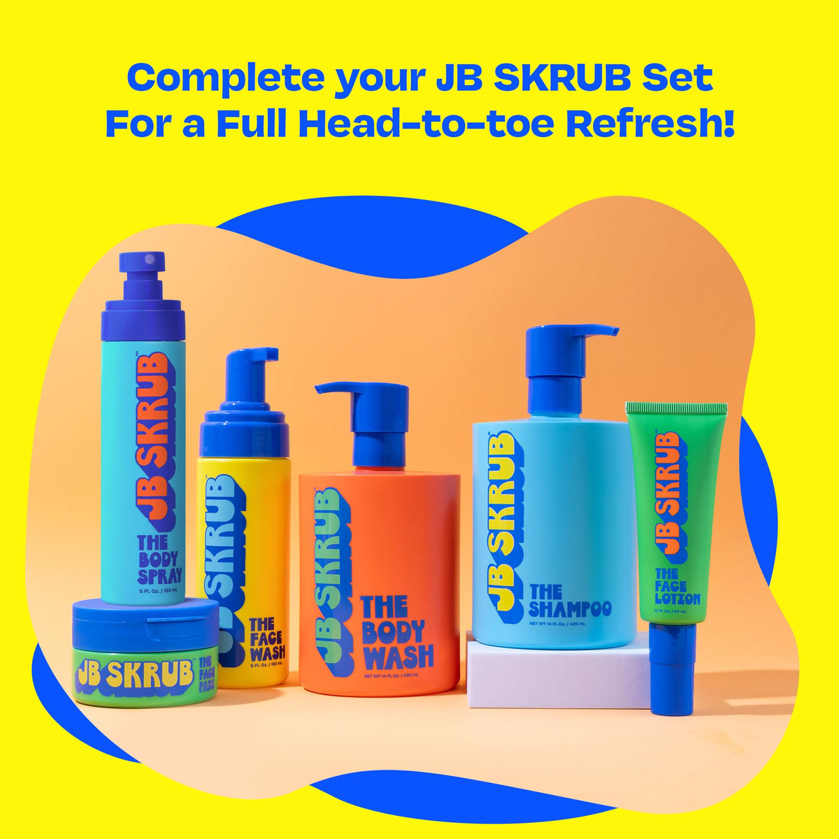 JB SKRUB 14 oz bottle next to hand for size comparison and daily use convenience
