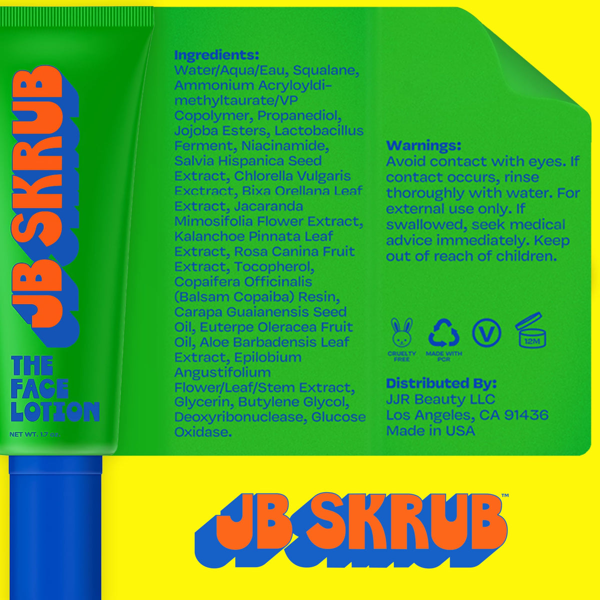 JB SKRUB lotion texture close-up, lightweight creamy gel visibly fast absorbing