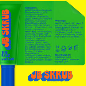 JB SKRUB lotion texture close-up, lightweight creamy gel visibly fast absorbing