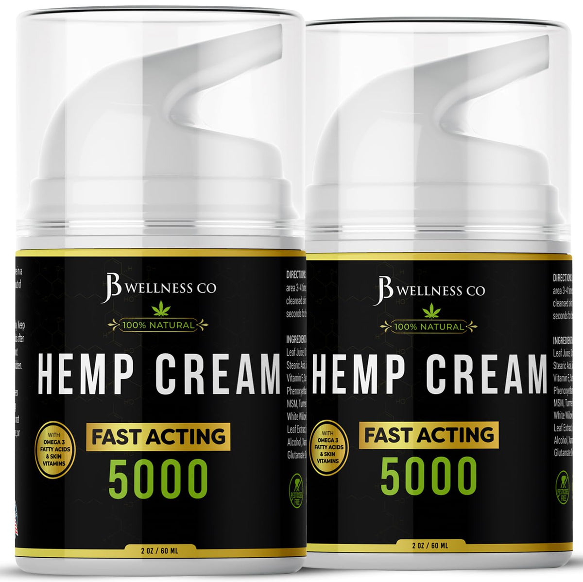 JB Wellness Co hemp cream front packaging showing two 4oz jars and labels for convenience