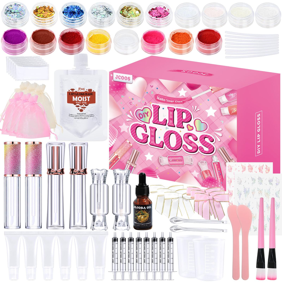 Jcoos front packaging displaying full 77-piece lip gloss kit and contents