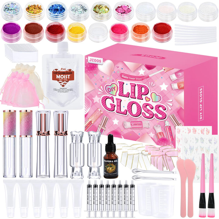 Jcoos front packaging displaying full 77-piece lip gloss kit and contents