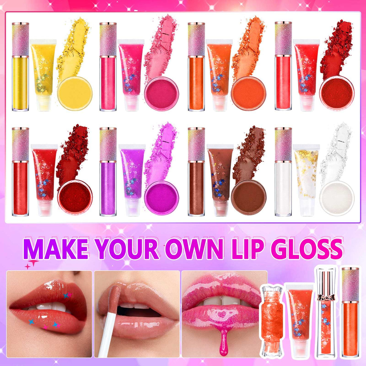 Jcoos pigments and glitters arranged to show color and sparkle options