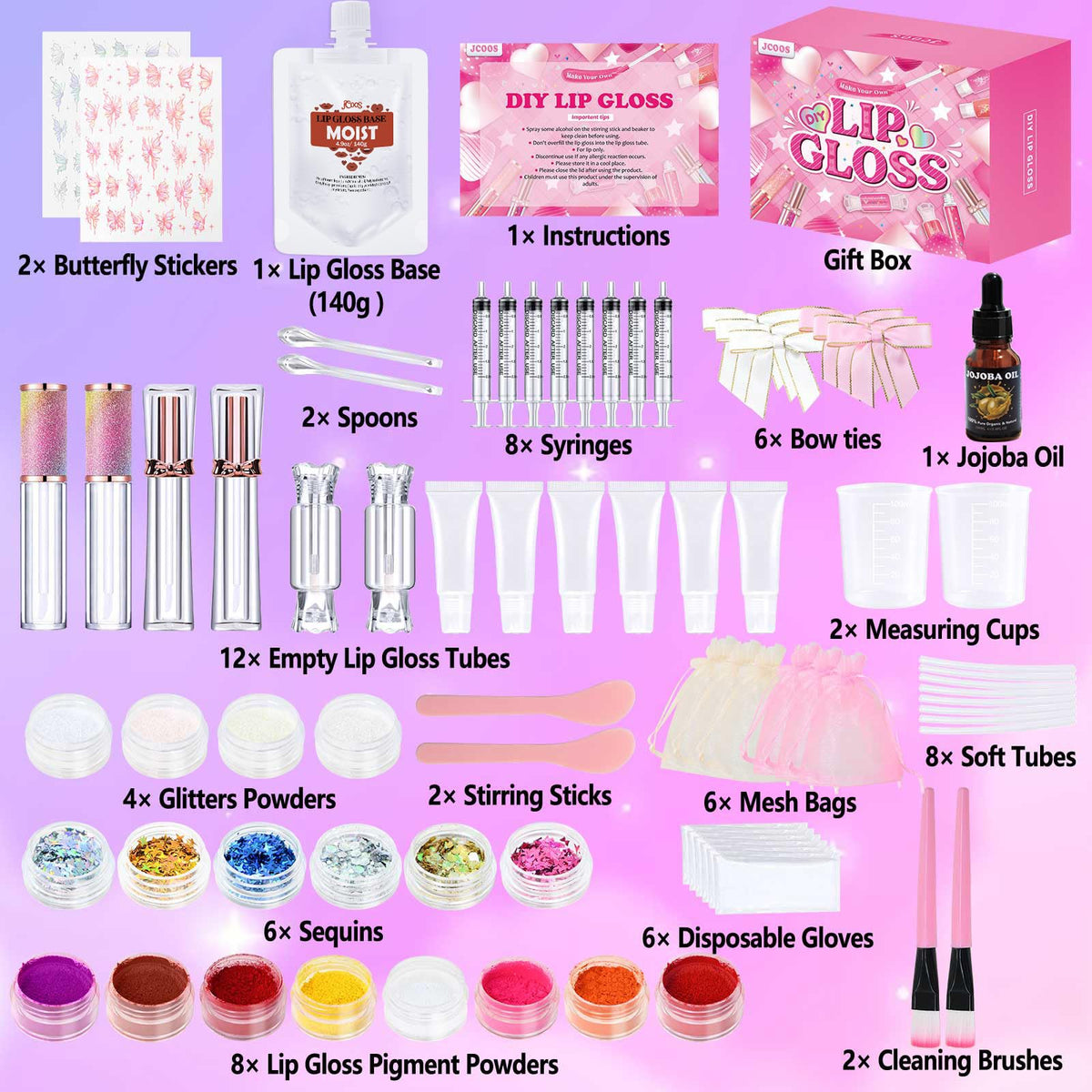 Jcoos assorted lip gloss tubes and applicators ready for filling and gifting