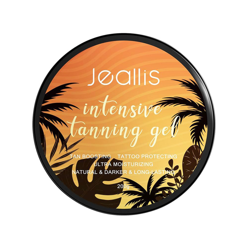 jeallis front packaging showing mango tanning gel and glossy finish benefit