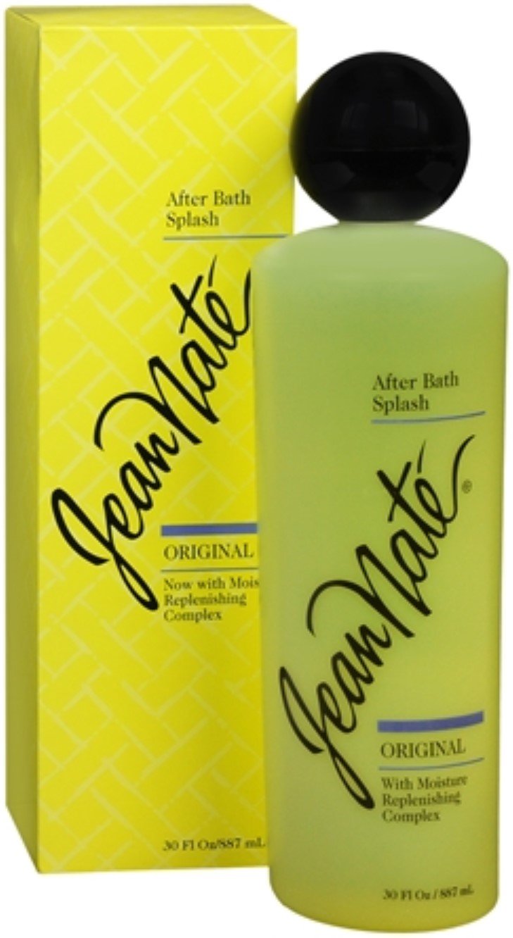 Jean Nate front bottle view showing citrus splash and moisturizing benefits