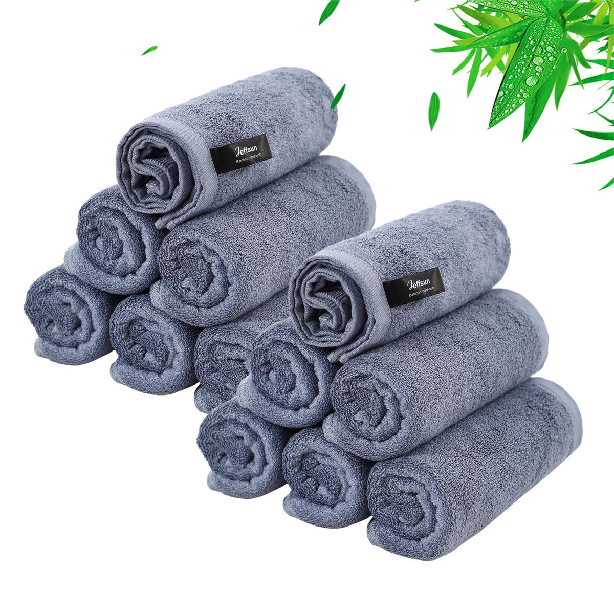 JEFFSUN front view of 12-pack slate blue towels shows compact, reusable convenience