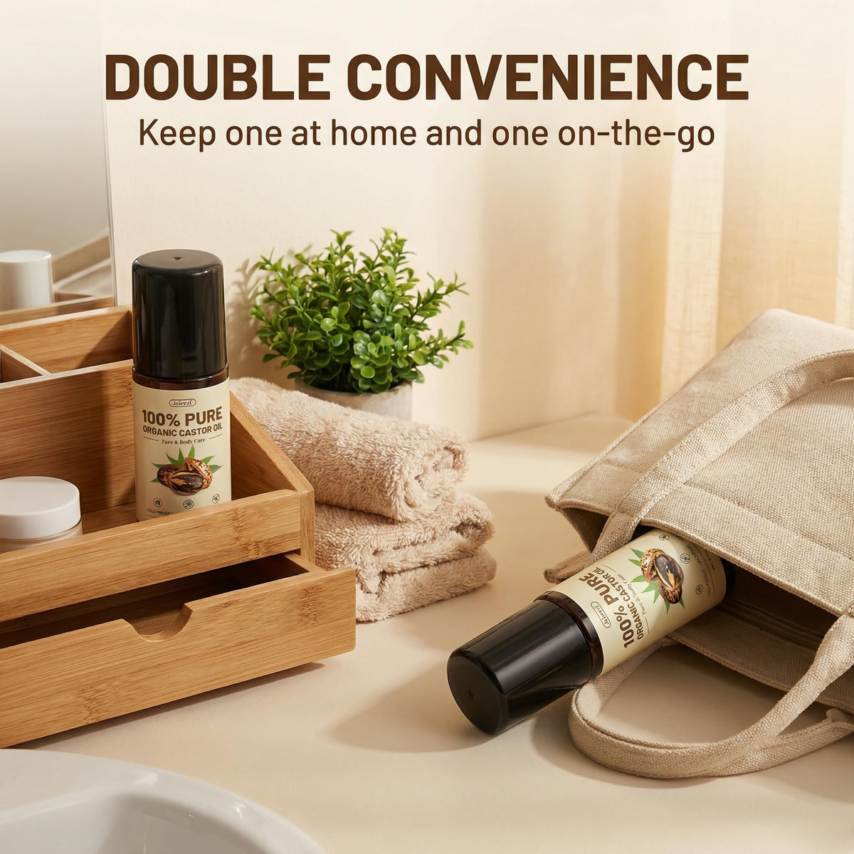 Jeirrzi bottle next to coin showing compact 1 fl oz travel-friendly benefit