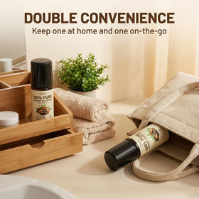 Jeirrzi bottle next to coin showing compact 1 fl oz travel-friendly benefit