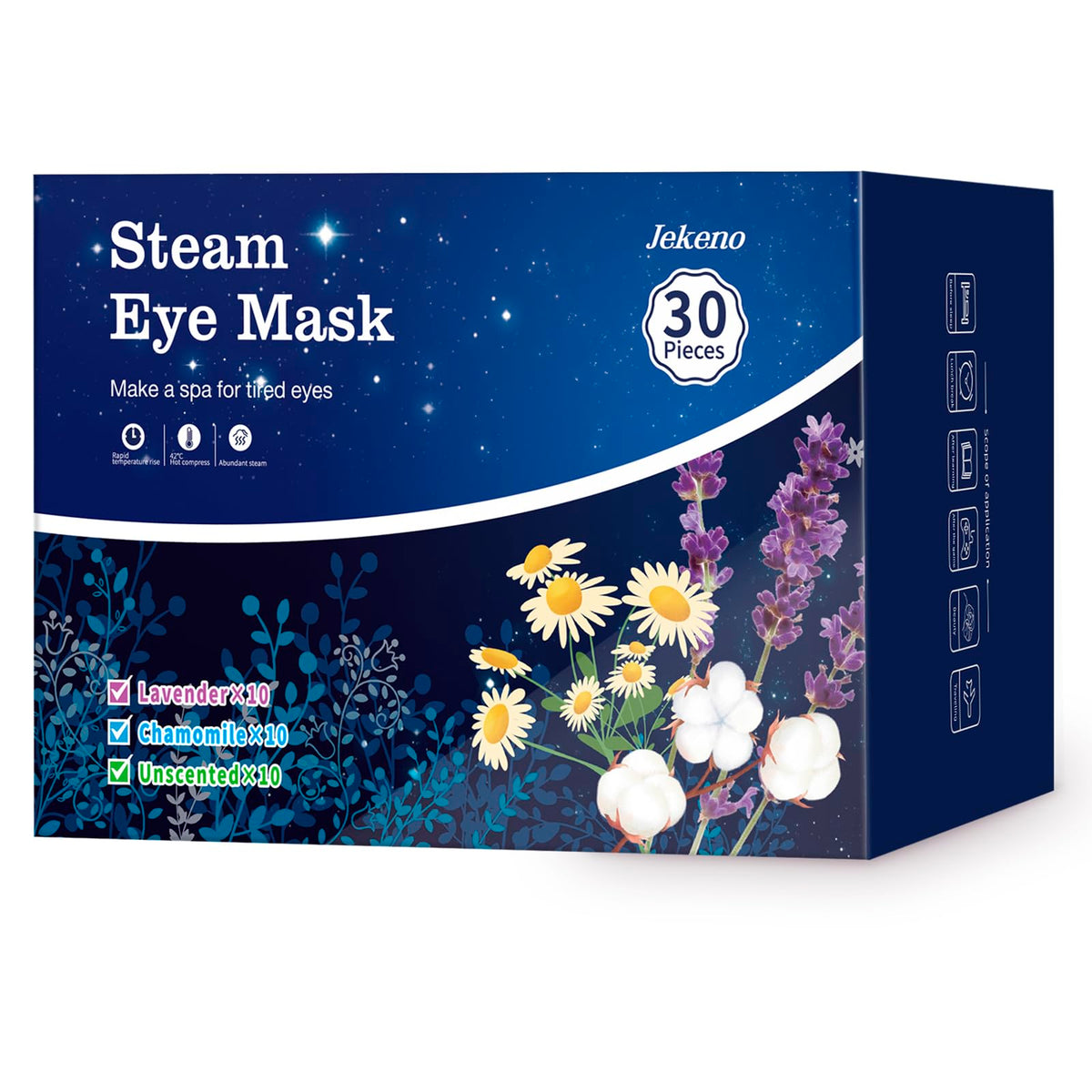 Jekeno front packaging showing 30 steam eye masks and benefits