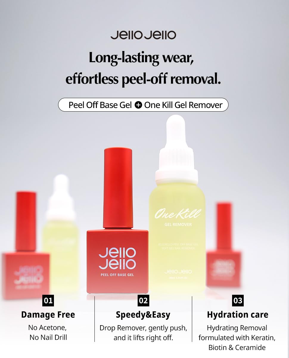 JelloJello base gel and OneKillGelRemover together highlighting easy, damage-free removal