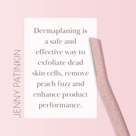 JENNY PATINKIN dermaplaning tool used on cheek illustrating smoother skin outcome
