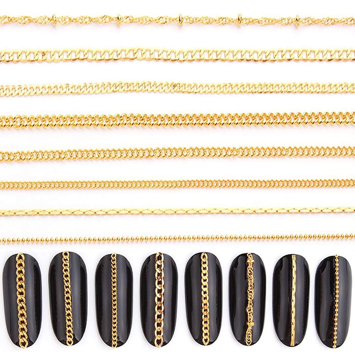 JERCLITY front packaging showing eight gold nail chain strips and clear bags, organized neatly