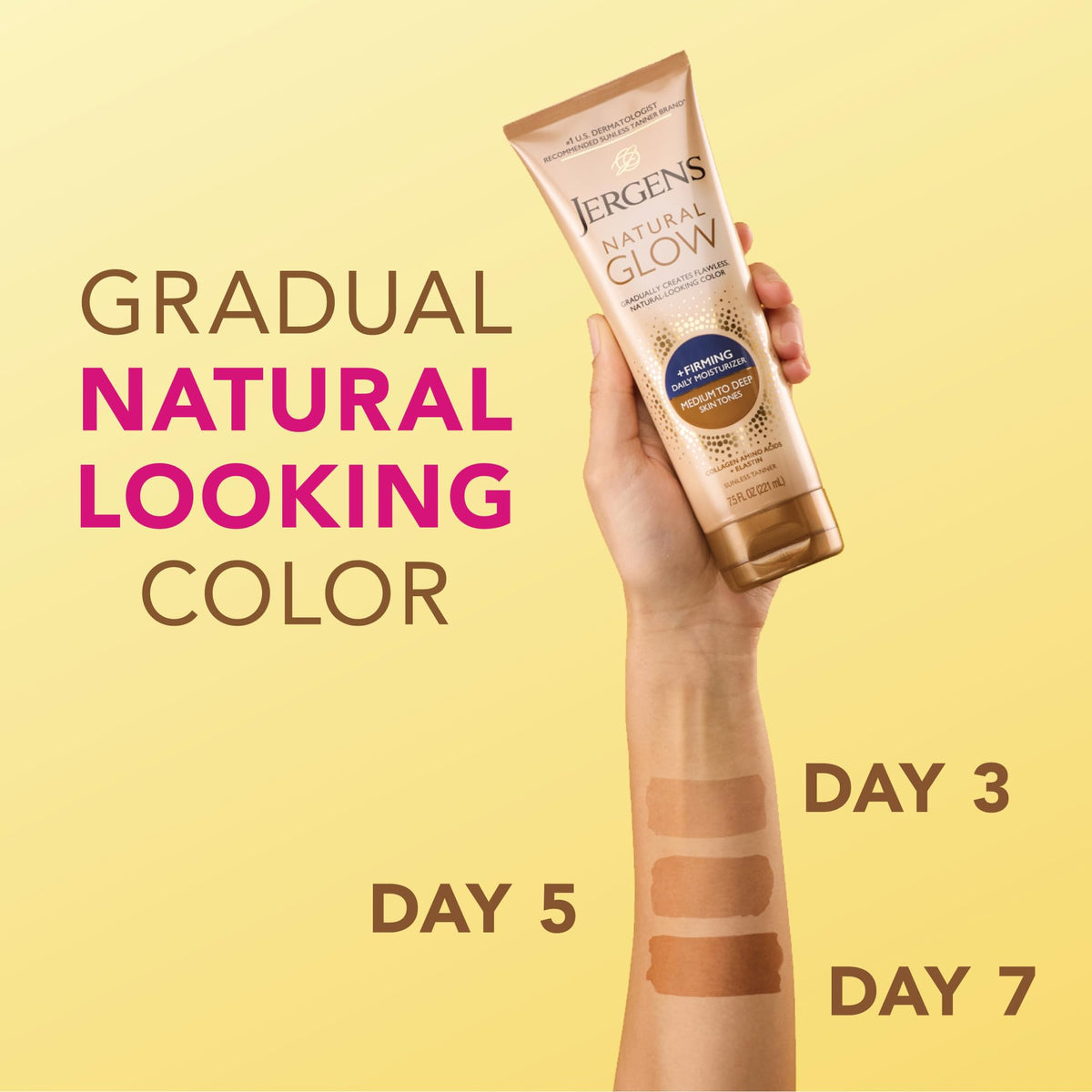 Jergens application on leg illustrating even coverage and natural-looking glow