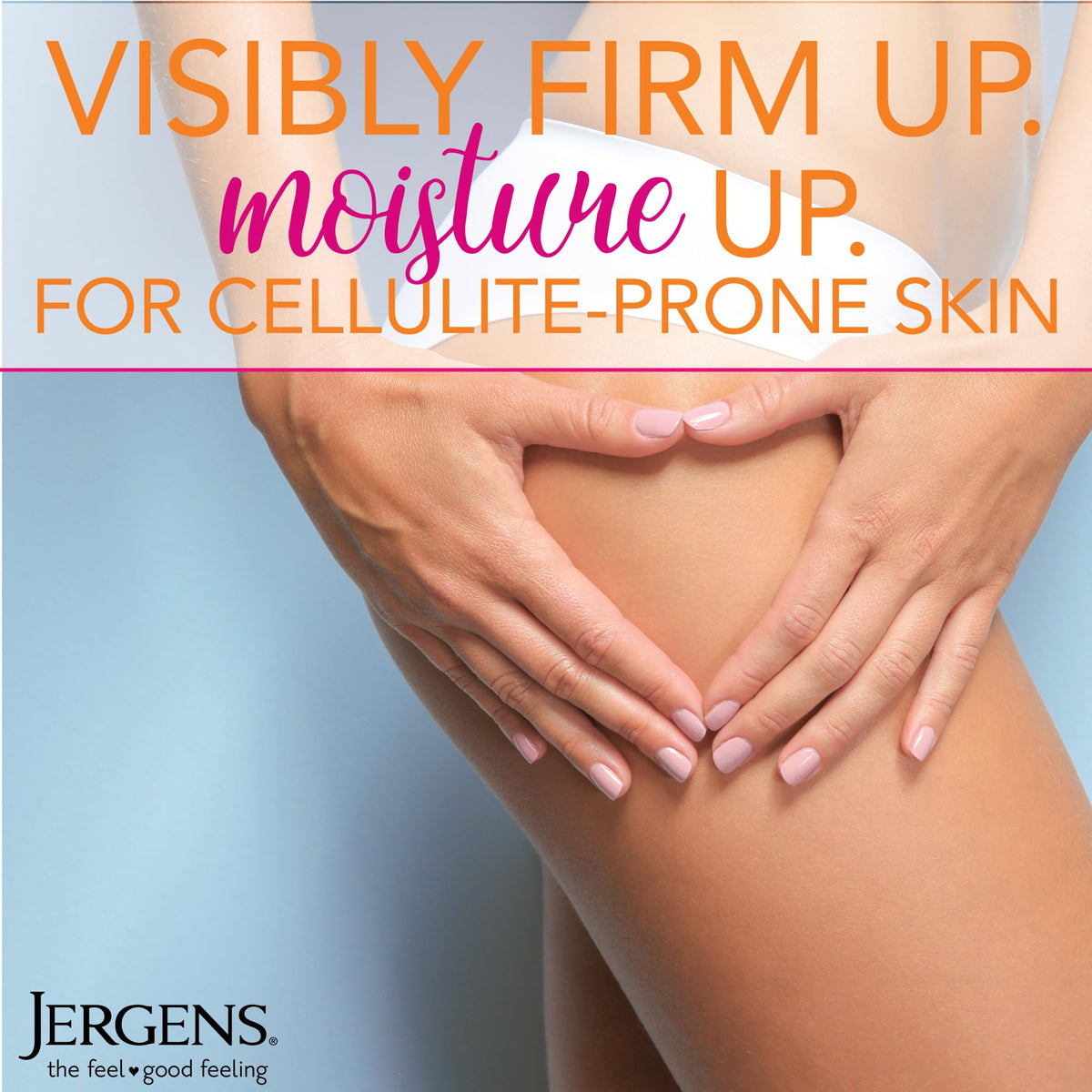 Applying Jergens lotion to leg to show firming action and non-greasy finish