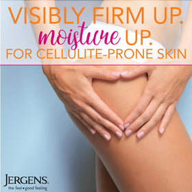 Applying Jergens lotion to leg to show firming action and non-greasy finish