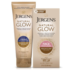 Jergens bundle front packaging showing both face SPF and firming body lotion and benefits