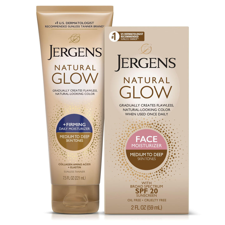 Jergens bundle front packaging showing both face SPF and firming body lotion and benefits