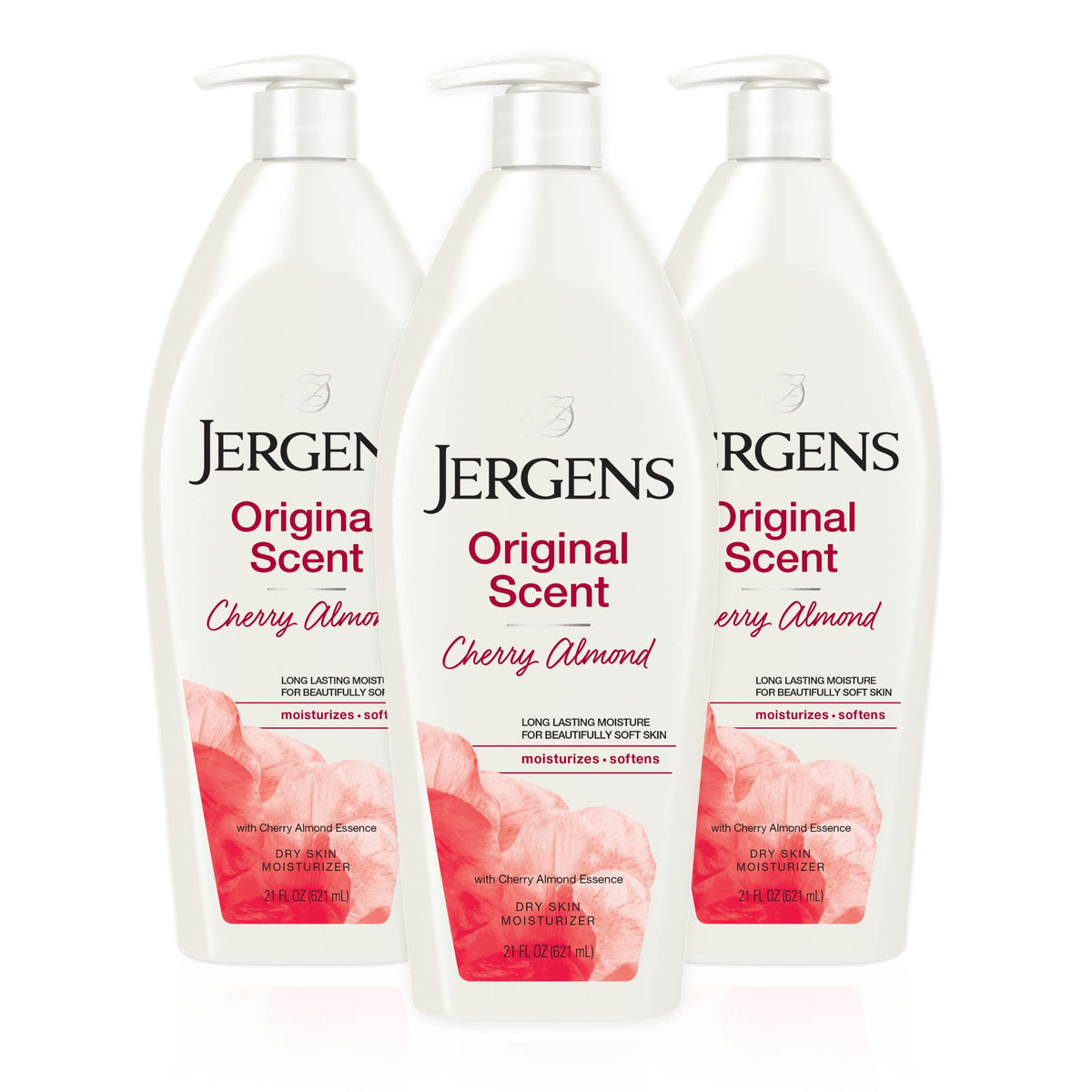 Jergens front packaging showing cherry almond scent and large 21 oz size benefit