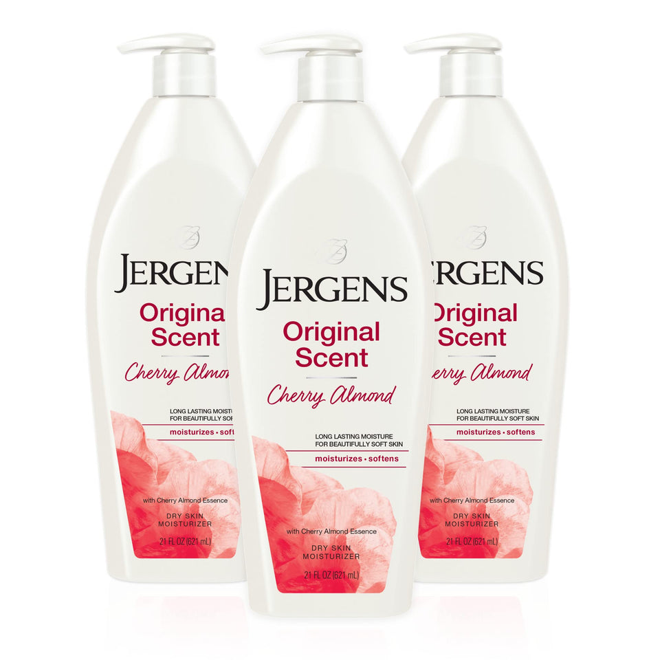 Jergens front packaging showing cherry almond scent and large 21 oz size benefit
