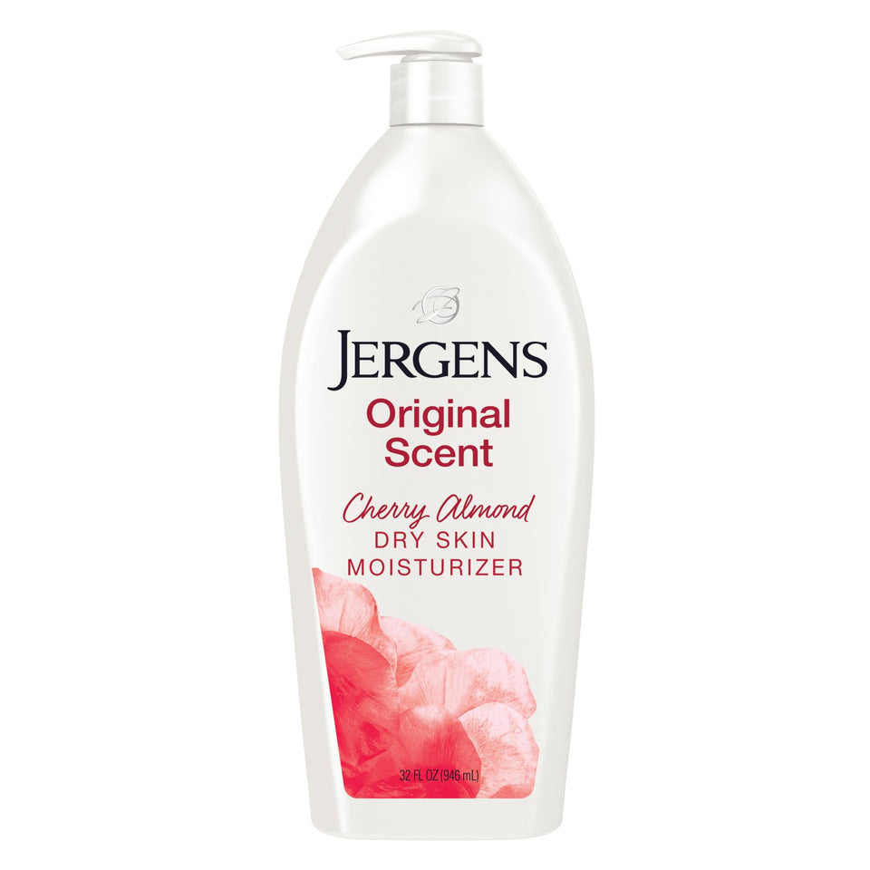 Jergens bottle front packaging showing cherry almond scent and 32 oz size benefit