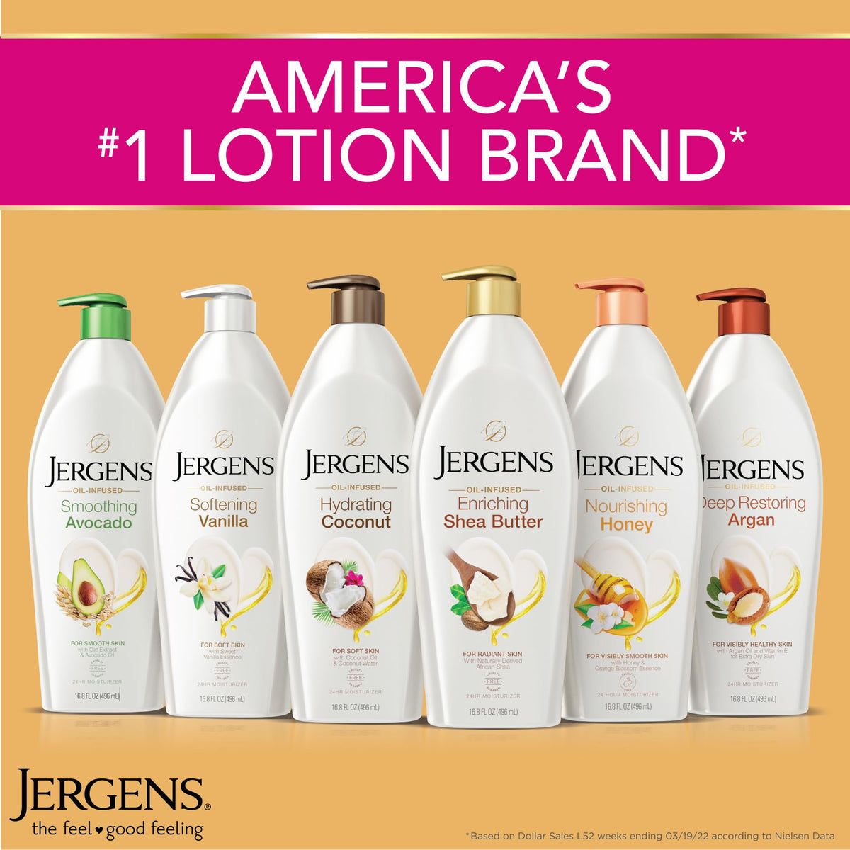 Three Jergens bottles arranged in bathroom to demonstrate pack size and home storage ease