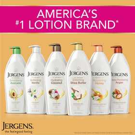 Three Jergens bottles arranged in bathroom to demonstrate pack size and home storage ease