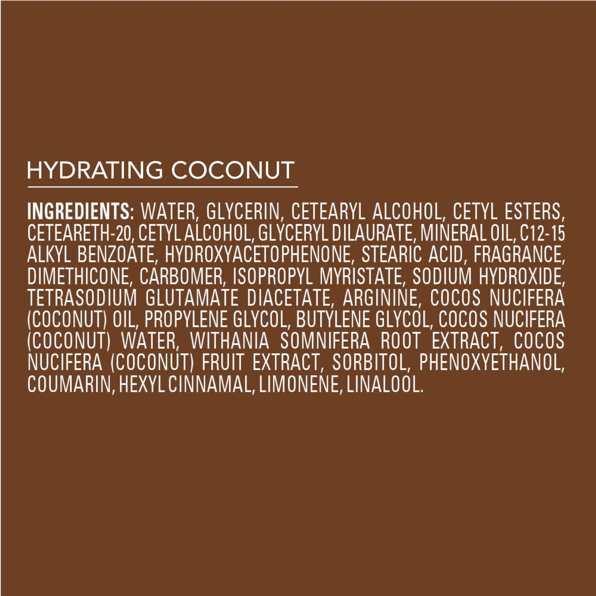 Jergens ingredient label close-up showing coconut formulation and clean-ingredient benefit