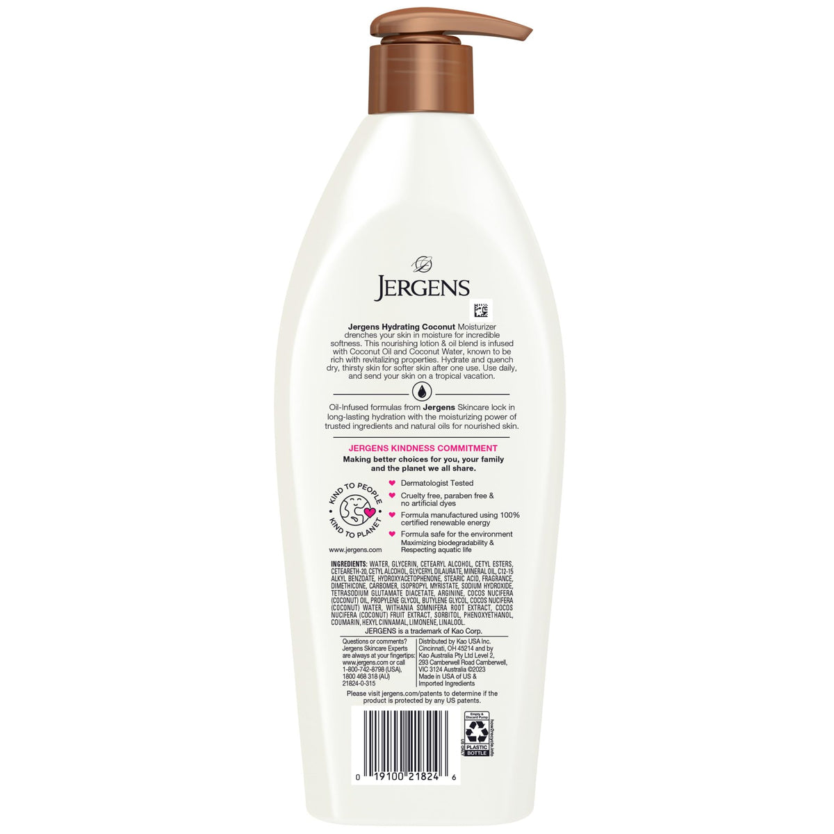 Jergens bottle in tropical setting suggesting coconut scent and refreshing skincare experience