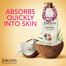 Jergens pump dispenser close-up highlighting easy one-handed dispense and travel-friendly design