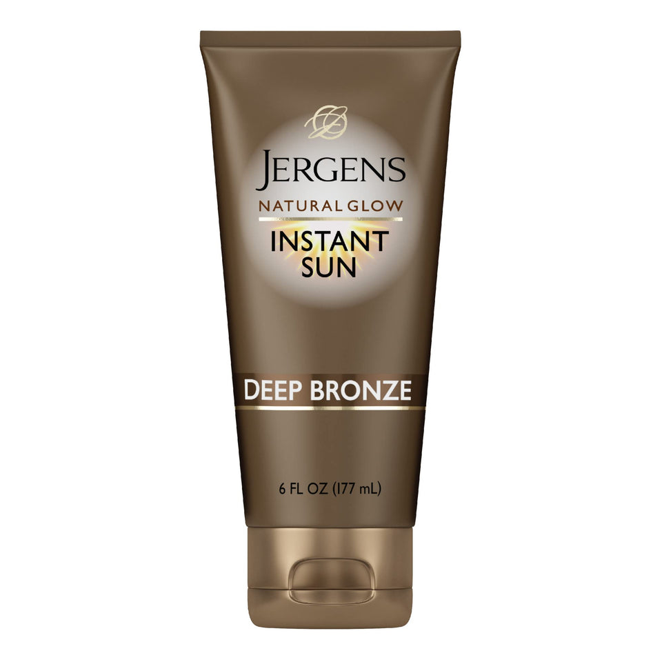 Jergens bottle front showing deep bronze shade and quick color benefit